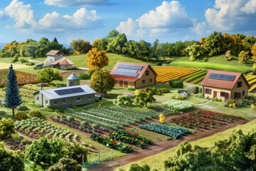 A farm scene with a house and barns