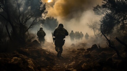 Israeli army fighters in action amid military fog - obrazy, fototapety, plakaty