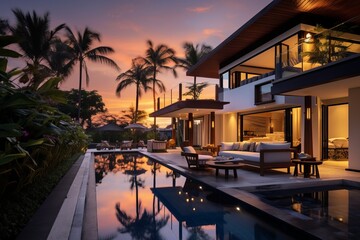 A luxurious villa with a pool and a view of the sunset - obrazy, fototapety, plakaty