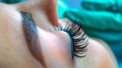 A detailed view of a womans eye showcasing long eyelashes achieved through eyelash extensions and makeup in a beauty salon