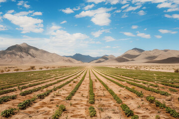 A field of crops is shown with a clear blue sky in the background