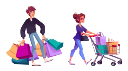 Fototapeten Couple shopping isolated on white background. Vector cartoon illustration of tired young man carrying many paper bags, happy woman walking with card full of purchases, black Friday sale, discounts © klyaksun
