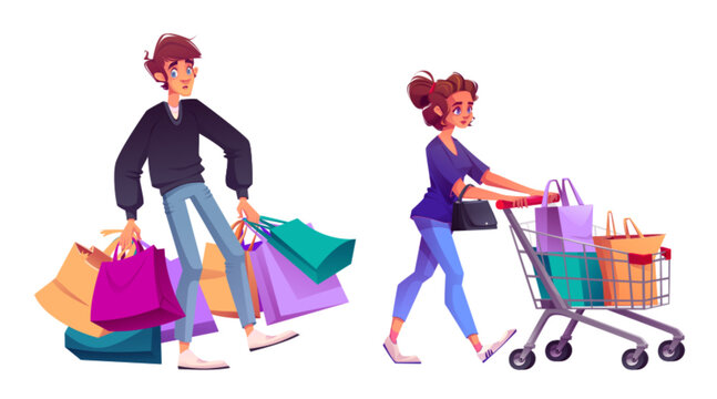 Fototapeta Couple shopping isolated on white background. Vector cartoon illustration of tired young man carrying many paper bags, happy woman walking with card full of purchases, black Friday sale, discounts