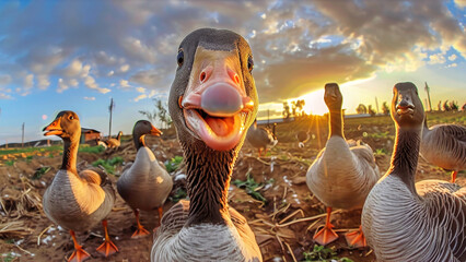 A group of ducks are standing next to each other on a grassy field - Powered by Adobe