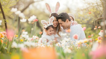 A happy family wearing bunny ears is sitting in a field of flowers, smiling and sharing gestures of joy in the natural landscape. Fun adaptation to nature, people enjoying the grassy surroundings - obrazy, fototapety, plakaty