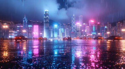 Cityscape of Hong Kong with neon lights reflecting off the wet road
