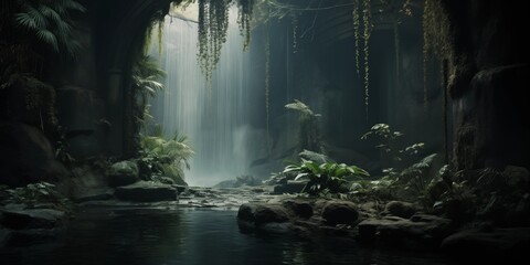 waterfall in the forest - obrazy, fototapety, plakaty