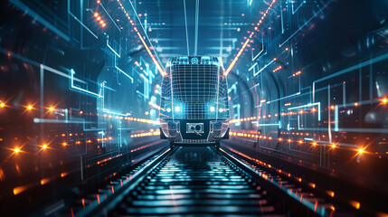 A sleek modern passenger train travels through a tunnel aglow with shimmering lights, creating a mesmerizing visual spectacle - obrazy, fototapety, plakaty