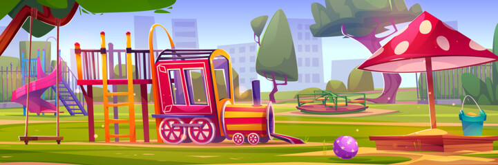 Playground in morning summer city park. Vector cartoon illustration of town district with apartment buildings and trees, swing, carousel, wooden train and toys in sandbox, green lawn, blue sunny sky - obrazy, fototapety, plakaty