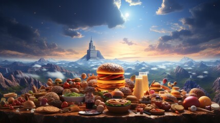 A feast of burgers and other food items with a castle in the background