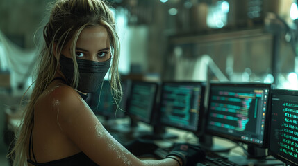 A hacker woman with an intense gaze wearing a black mask and black gloves, surrounded by computer monitors, in a high tech environment.