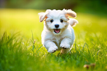 A cute and adorable puppy playing on the grass
