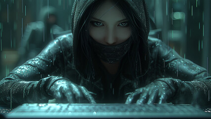 A hacker woman with an intense gaze wearing a black mask and black gloves, surrounded by computer monitors, in a high tech environment.