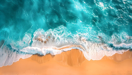 Aerial view showcases a sandy beach near the sea, waves gently lapping the shore - obrazy, fototapety, plakaty