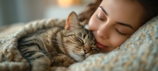 cute cat cuddle sleeping in owner's arms, Cat lover adorable pet animal portrait, Generative Ai