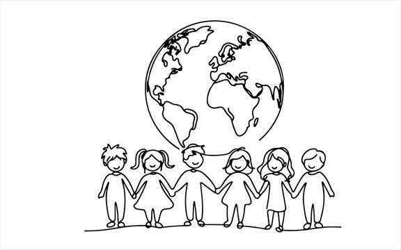 recommend clip art: Continuous one line drawing smiling children holding hands around the world outline doodle linear happy children day concept vector on white