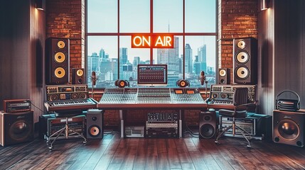 Retro radio station studio with professional equipment and cityscape view