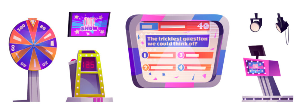 Quiz game show stage. Tv contest studio vector cartoon. Trivia program host podium and screen with word. Talent live event interior elements set on white background. Guess tournament media project