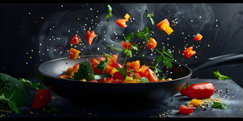 
Fresh organic vegetarian soup with chili pepper and garlic seasoning, A wok cooking fresh stir fry vegetables - obrazy, fototapety, plakaty