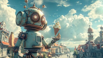 A whimsical fusion of technology and fantasy showing a robot serving up ice cream in a fairy tale kingdom - obrazy, fototapety, plakaty