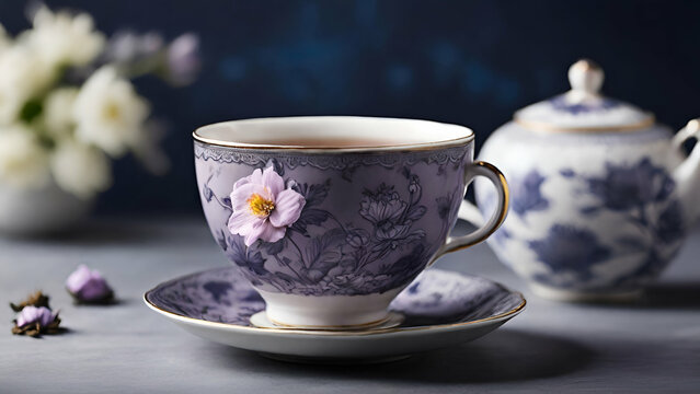 A Beautiful Vintage Bone China Tea cup and saucer with the Maclean Family Crest generative by ai..