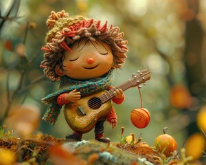 Create a whimsical cartoon character playing a melody on an instrument
