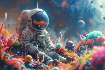 Create a whimsical scene of an astronaut interacting with colorful alien creatures in a digital universe - obrazy, fototapety, plakaty