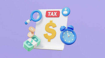 Personal account magnifying tax payments online clock time financial management learning information business document on purple background. 3d rendering illustration