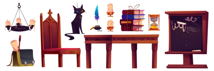 Foto op Canvas Magic school room with wizard book cartoon game. Halloween medieval magician castle interior object set. Fantasy desk, chair and chalkboard. Black cat, candle and mystery feather staff for spell © klyaksun