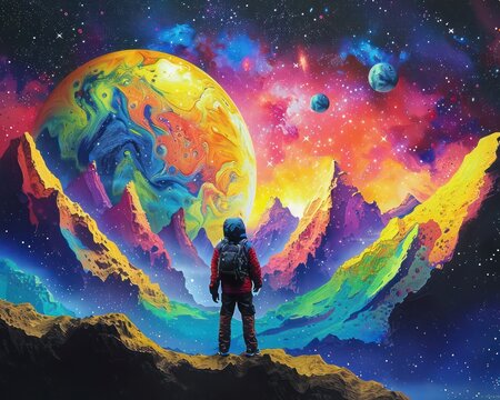 Design a galaxy themed piece using bright and bold colors