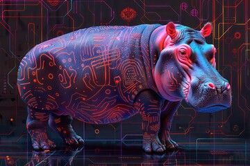 Intricate patterns of technology inspired by the markings on a hippos skin in a neon color palette - obrazy, fototapety, plakaty