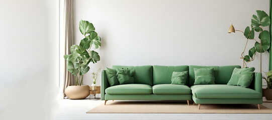 Luxury living room in house with modern interior design, green velvet sofa, coffee table, pouf, gold decoration, plant, lamp, carpet, mock up poster frame and elegant accessories. generative by ai...