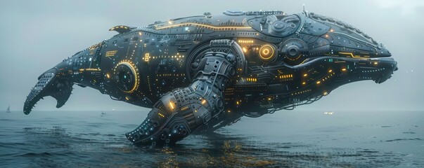The intersection of technology and nature An intricately detailed 3D rendering of a cybernetic whale - obrazy, fototapety, plakaty