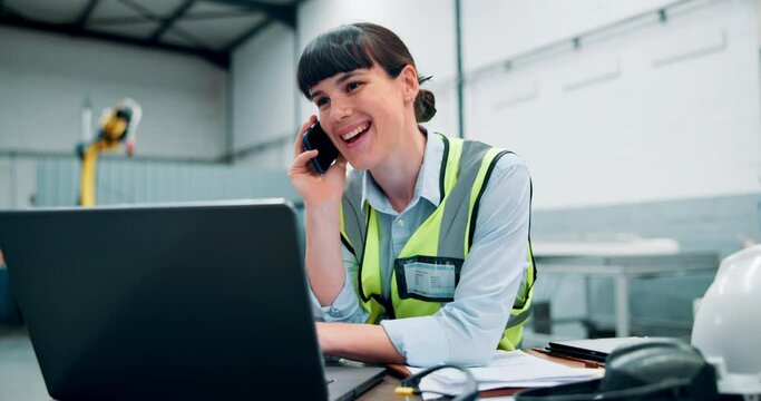 Engineer, laptop and woman on mobile call in construction site for business project, building and trade industry. Female person, talking and professional with computer as happy contractor at work