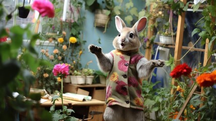 A cute rabbit standing in a garden full of flowers