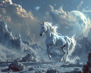 A majestic unicorn roaming through a moonlit space war battlefield - obrazy, fototapety, plakaty