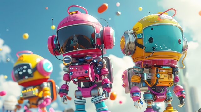 A playful character design with a technologically advanced twist and a colorful palette