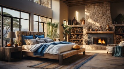 Fototapeta premium Rustic bedroom with a fireplace