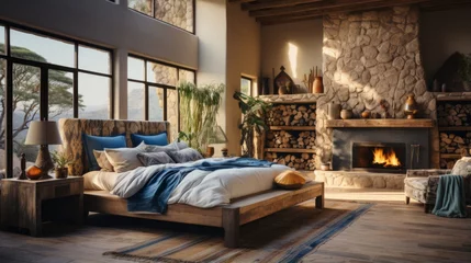 Foto op Plexiglas Rustic bedroom with a fireplace © Adobe Contributor