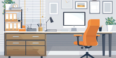 interior of office, A well-organized home office, with a desk, computer, office supplies, and a comfortable chair, creating a productive workspace. 