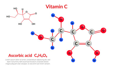 Ascorbic acid (vitamin C), molecular structure formula C6H8O6, ball-and-stick model, suitable for education or chemistry science content. Vector illustration