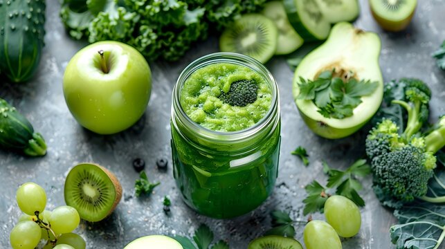 Vibrant green smoothie surrounded by fresh fruits and vegetables. Healthy lifestyle concept captured in a clean, bright style. Nutrition and wellness in a jar. AI
