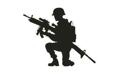 silhouette of a salute soldier in black and white. set of soldier silhouettes with gun in different poses