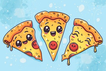 Cartoon cute doodles of a satisfied slice of pepperoni pizza with melted cheese and tomato sauce, Generative AI