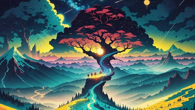 Colorful mountains landscape with big tree. High mountains and beautiful starry sky. Bright animation with image transformations and metamorphose.