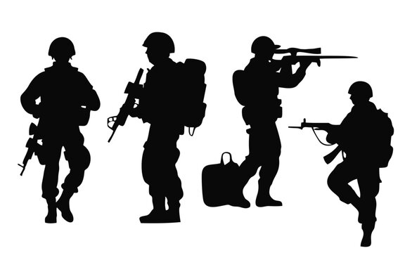 silhouette of a salute soldier in black and white. set of soldier silhouettes with gun in different poses