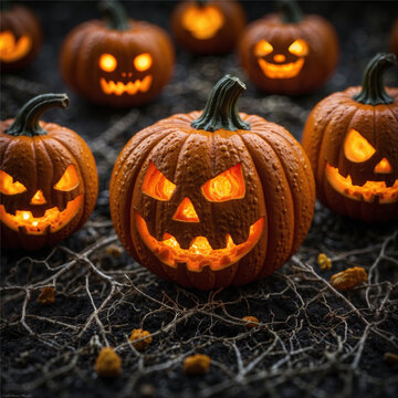 Scary jack-o-lanterns on a dead pumpkin field. Halloween pumpkin picture for social media promotion. Generative AI.