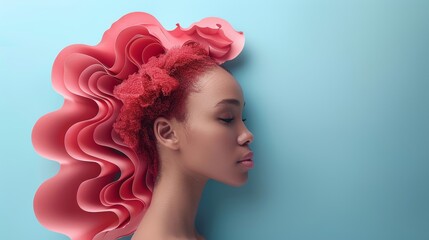 Stylized Portrait of a Woman with a Pink Paper Brain Cutout Generative AI - obrazy, fototapety, plakaty