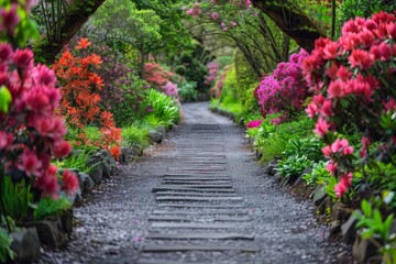 Fototapeta na wymiar Vibrant Pathway Lined With Colorful Flowers