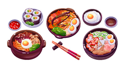 Korean food icon with bibimbap and asian rice meal illustration. Chinese noodle cuisine dish for tteokbokki or delicious gimbap isolated cooking set. Fancy sushi roll with sauce and stick for lunch - obrazy, fototapety, plakaty